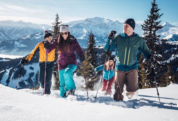 Four people with ski poles stand on a snowy mountain meadow with an Alpine panorama behind them.