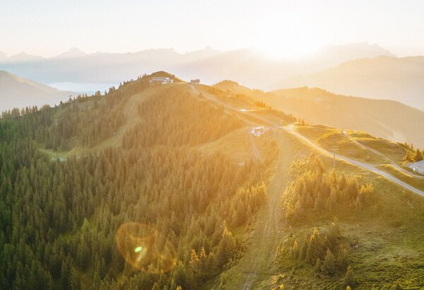 A sunlit mountain ridge with a hiking trail and forest in the warm light of the low sun.
