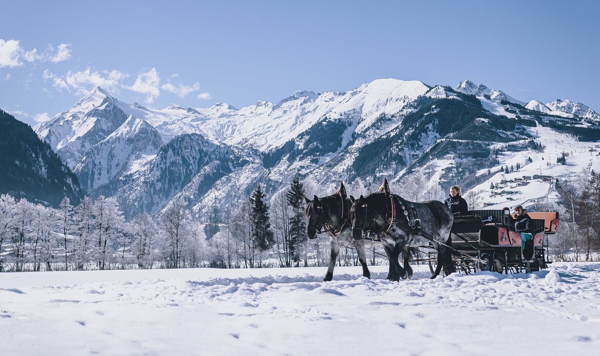 Ein Pferdeschlitten fährt durch die verschneite Landschaft vor den Bergen bei Zell am See.