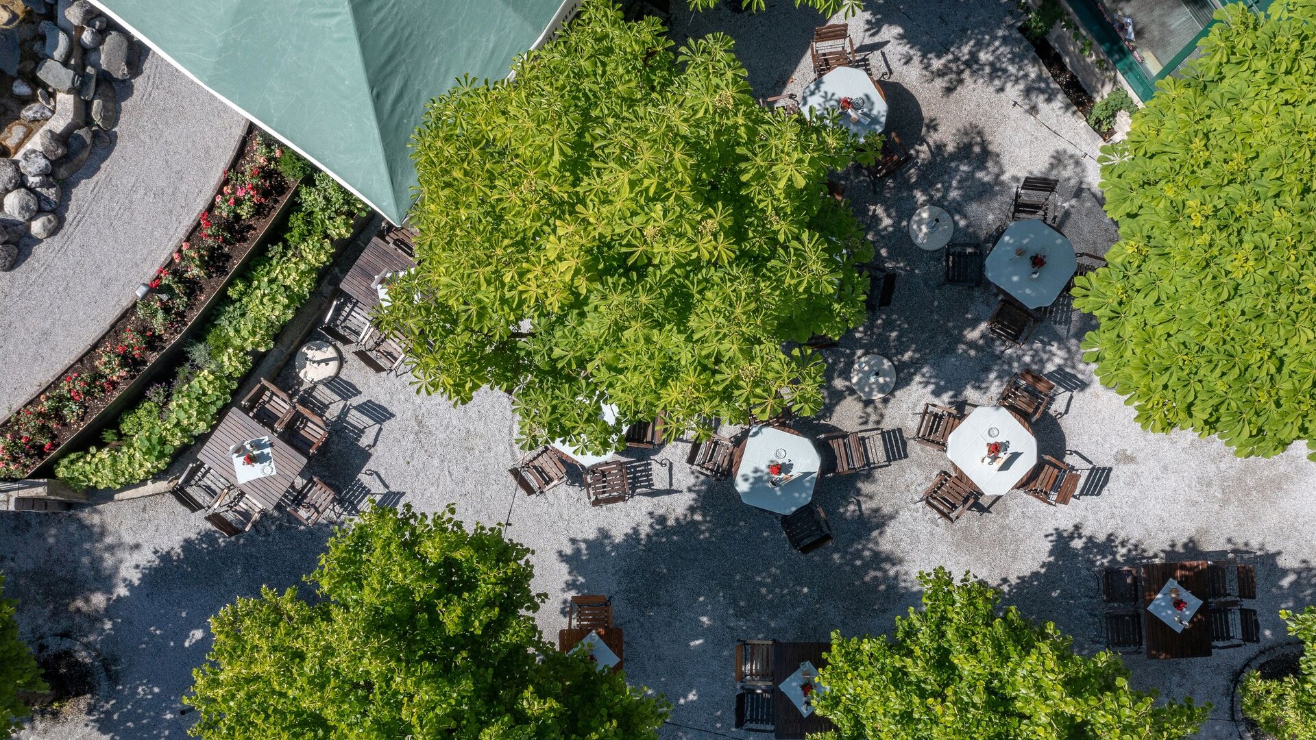An overhead view shows the gastgarten with tables, chairs and parasols beside Pinzga Bräu.
