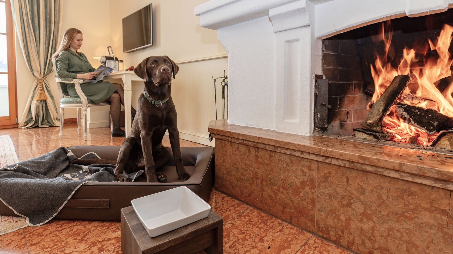 A large brown dog sits in a dog bed by the fireplace while a woman works at a table in the background.