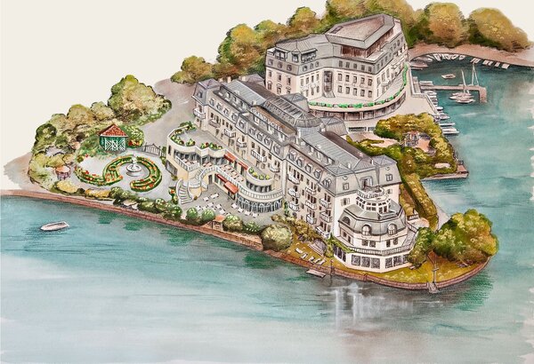 Illustration des GRAND HOTEL Zell am See am Zeller See mit Garten, Ufer und Booten im Wasser.